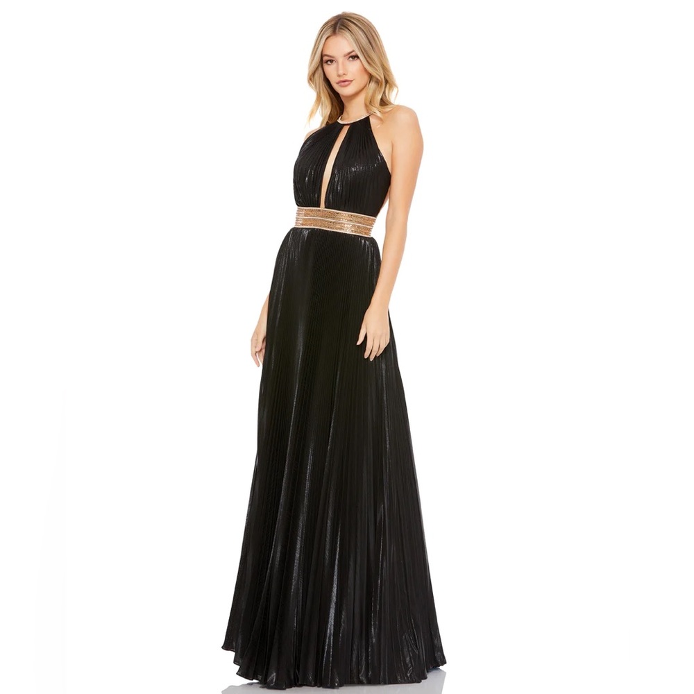 Mac Duggal Pleated Embellished Halter Open- Back Gown Size 8